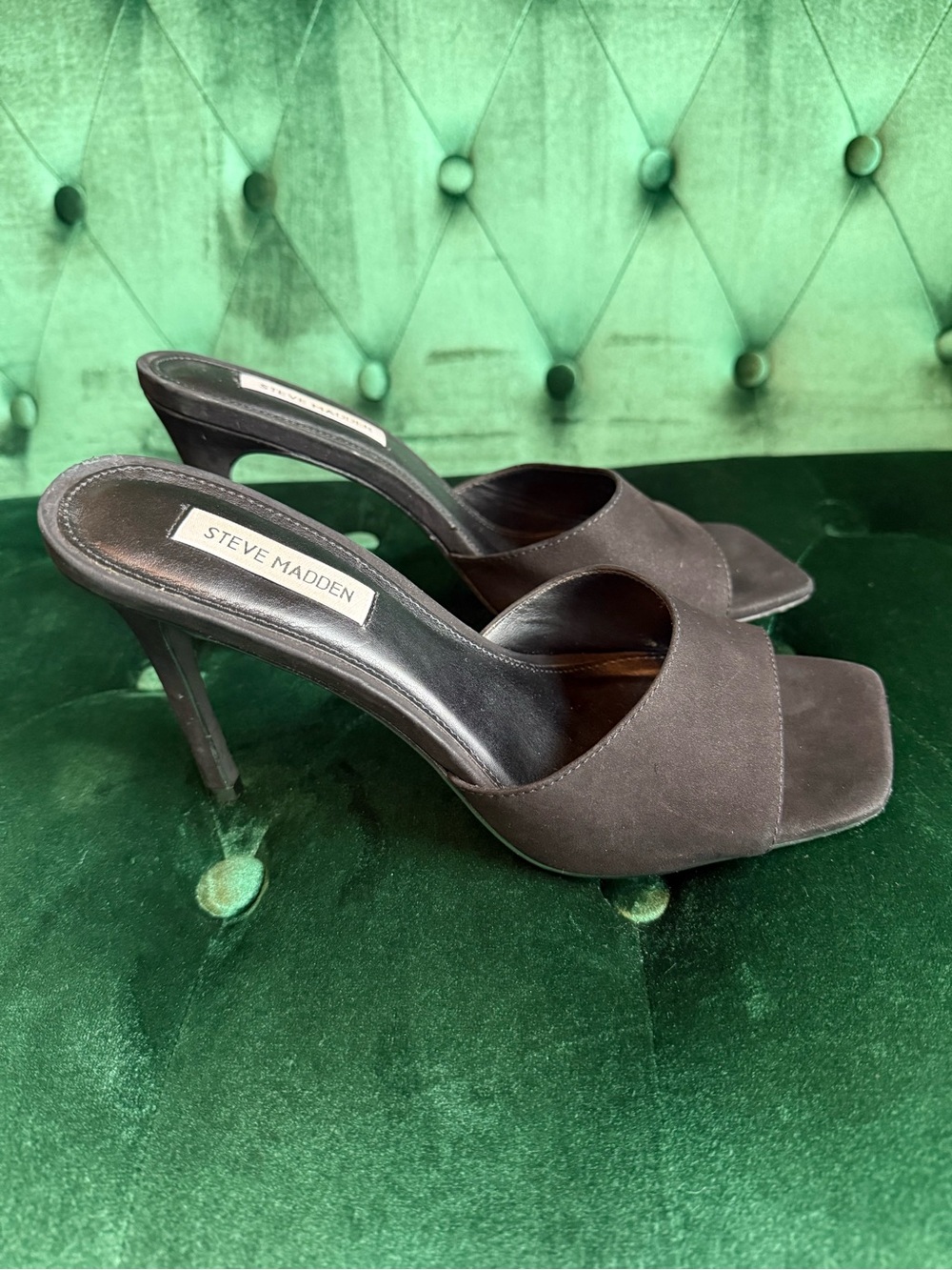 Steve Madden Signal Black Suede Mule Heels Square Toe Stiletto Sz 9.5